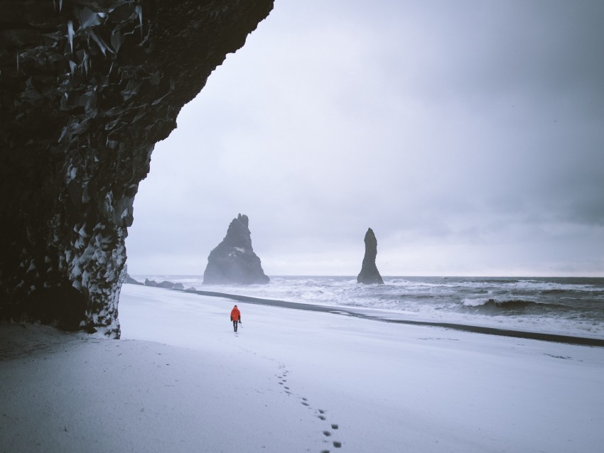 rock, snow, lonely, traces, walk