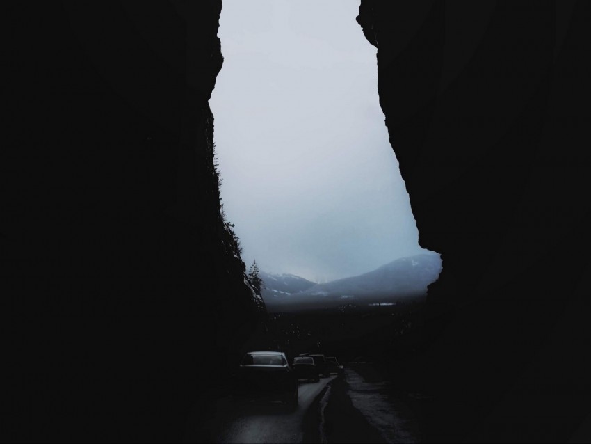 rocks, mountains, darkness, cars, night, fog