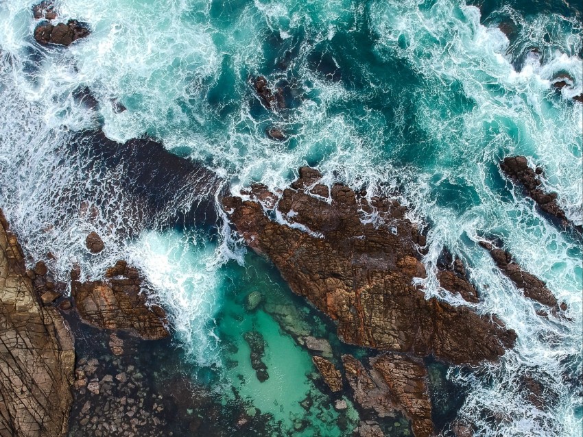 rocks, ocean, aerial view, coast, waves