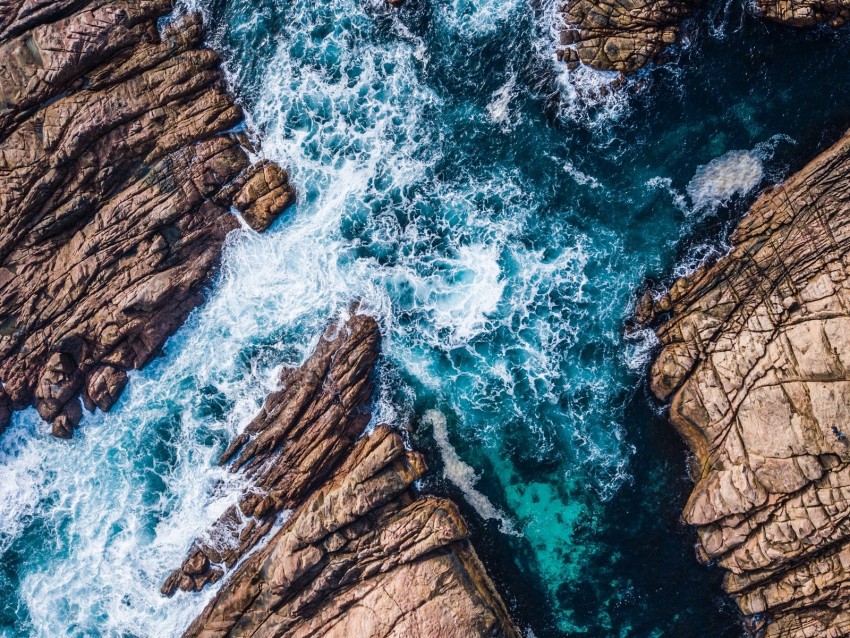 rocks, ocean, aerial view, waves, splash