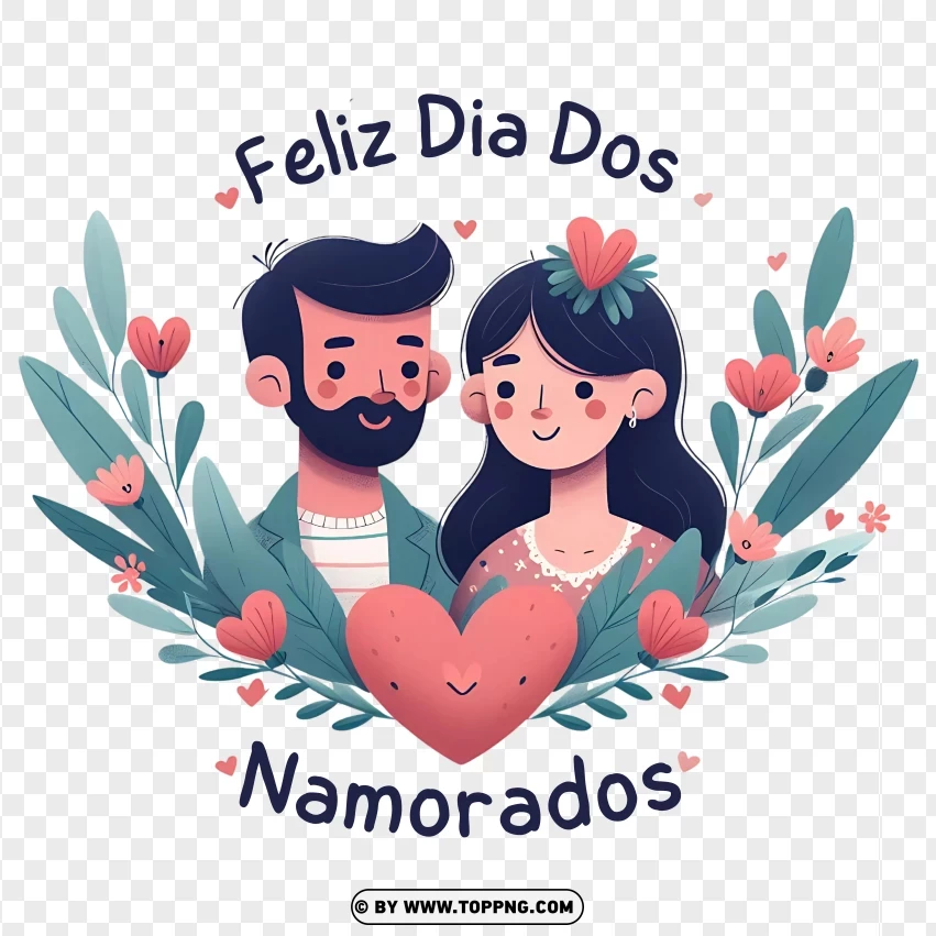 Romantic Feliz Dia Dos Namorados Illustration Featuring A Couple Surrounded By Hearts PNG Transparent Background