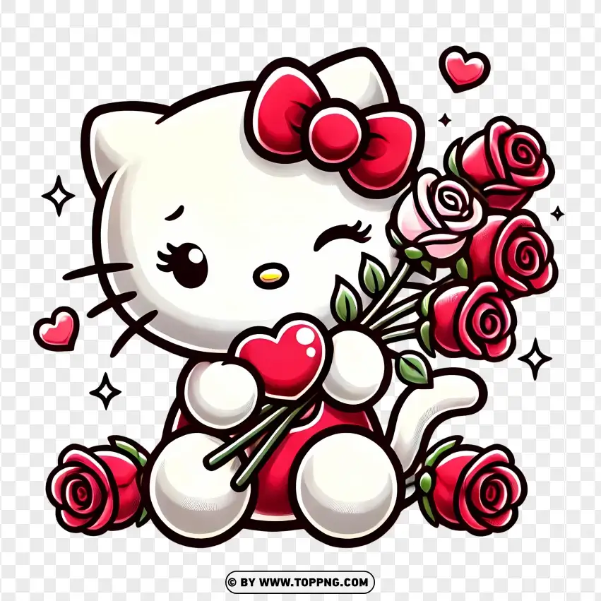 Romantic Hello Kitty With A Bouquet Of Red Roses PNG Transparent Background