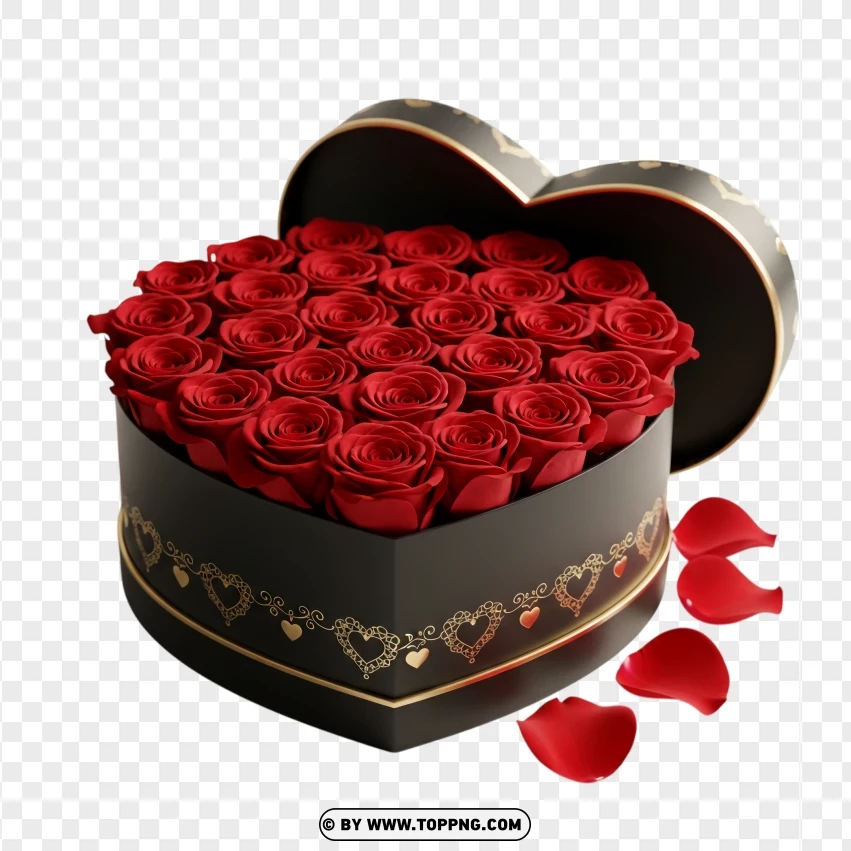 Romantic Red Roses In Black Heart Box PNG Transparent Background