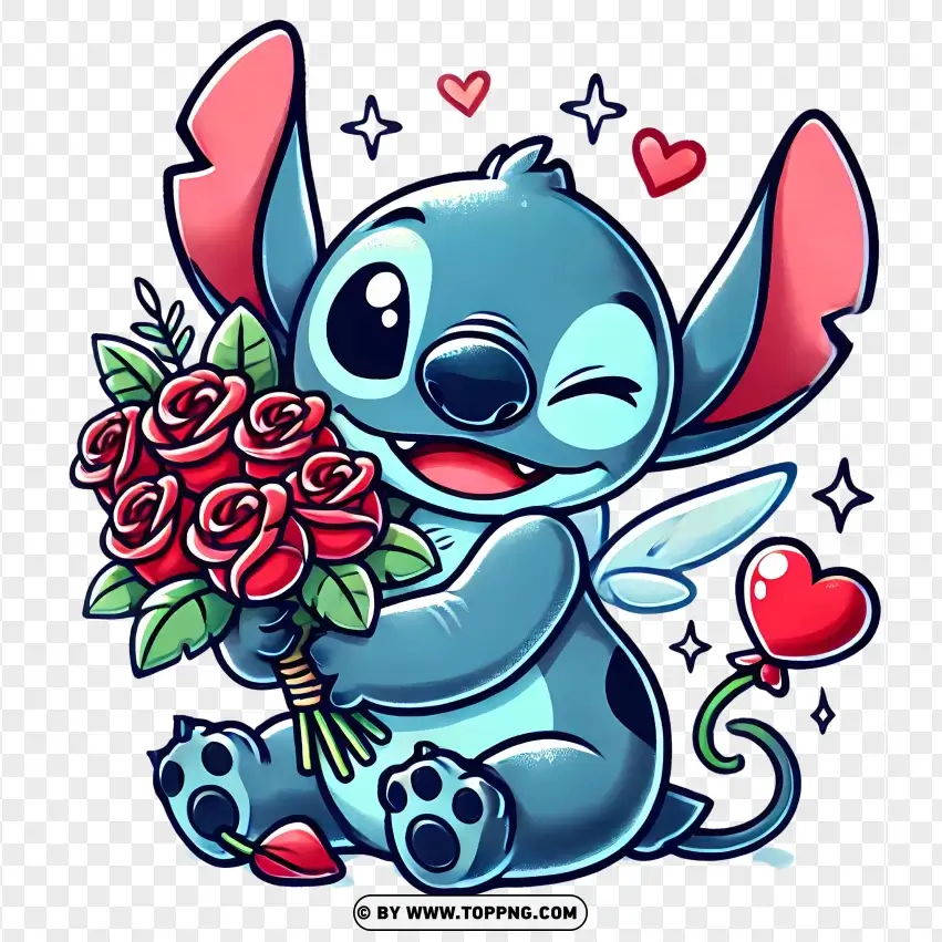 Stitch With Bouquet Of Flowers PNG Transparent Background