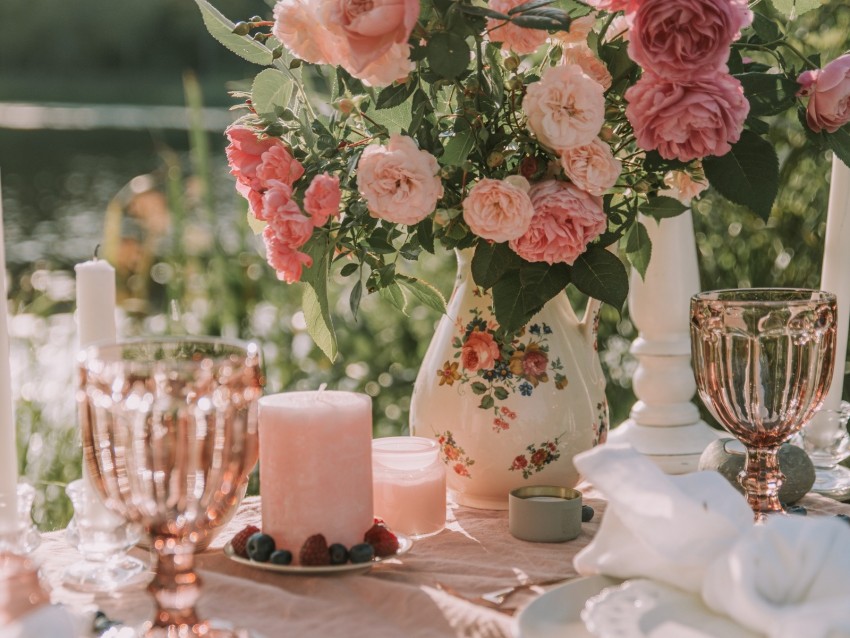 roses, bouquet, flowers, table, decoration
