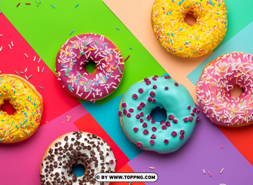 Round Different Donuts With Sprinkles On A Bright Multi Colored Background