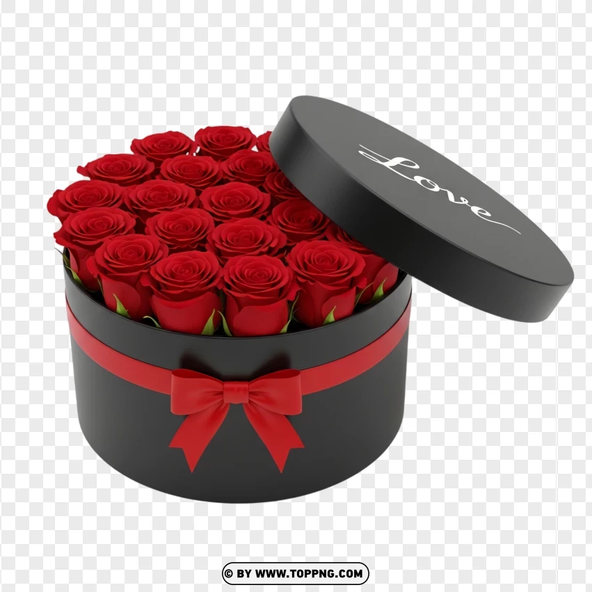 Round Love Black Box With Red Roses Flower Gift PNG Transparent Background