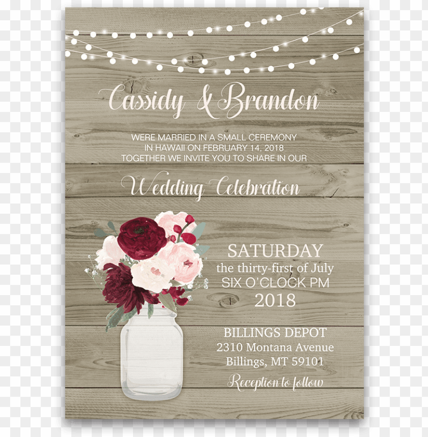 Rustic Wedding Reception Only Invitation Mason Jar - Burgundy And Blush Rustic Weddi PNG Image With Transparent Background