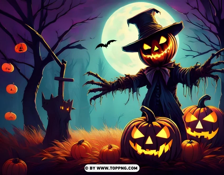 happy Halloween wallpaper, spooky scarecrow, Halloween pumpkins, eerie full moon, haunted Halloween scene, creepy scarecrow, Halloween night