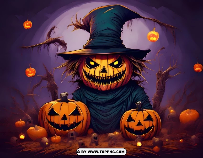 happy Halloween wallpaper, spooky scarecrow, Halloween pumpkins, eerie full moon, haunted Halloween scene, creepy scarecrow, Halloween night