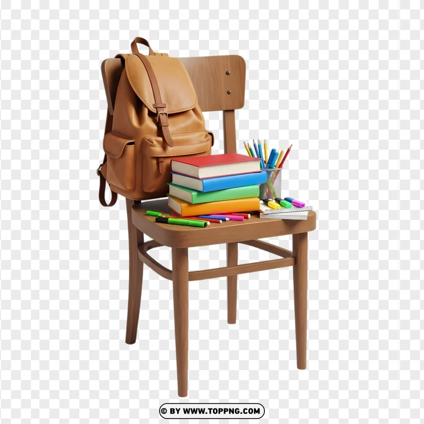 School Chair With Wooden Frame And Backpack PNG Transparent Background