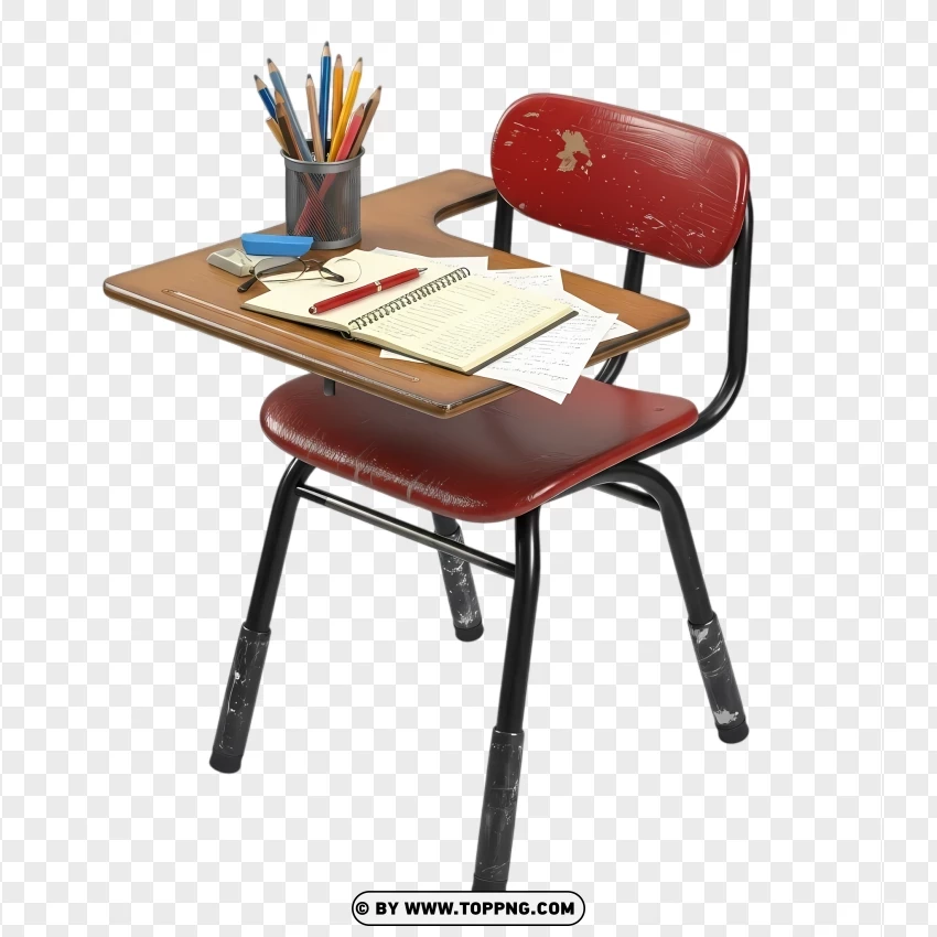 School Desk And Chair With Study Supplies PNG Transparent Background