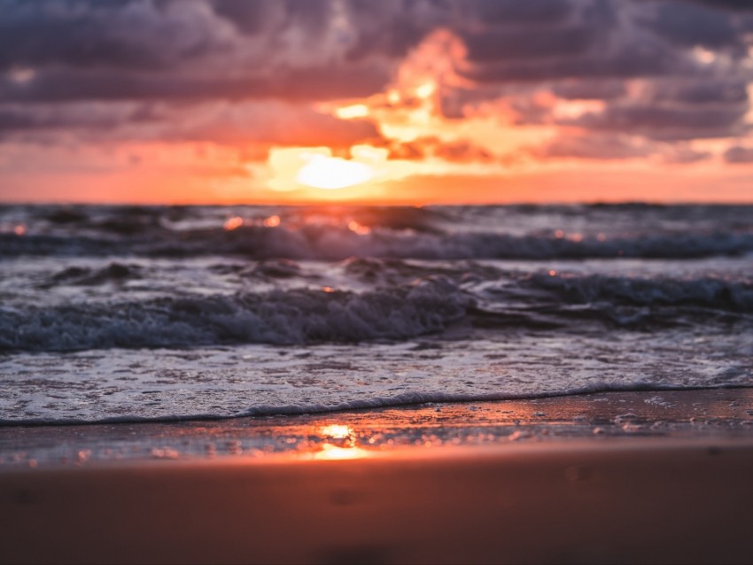 sea, beach, sunset, waves, clouds