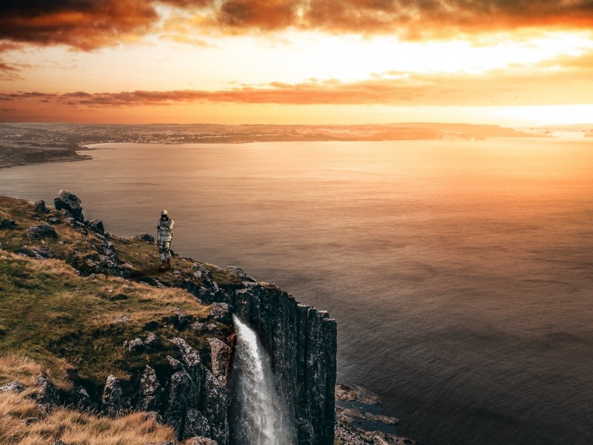 sea, cliff, waterfall, sunset, landscape