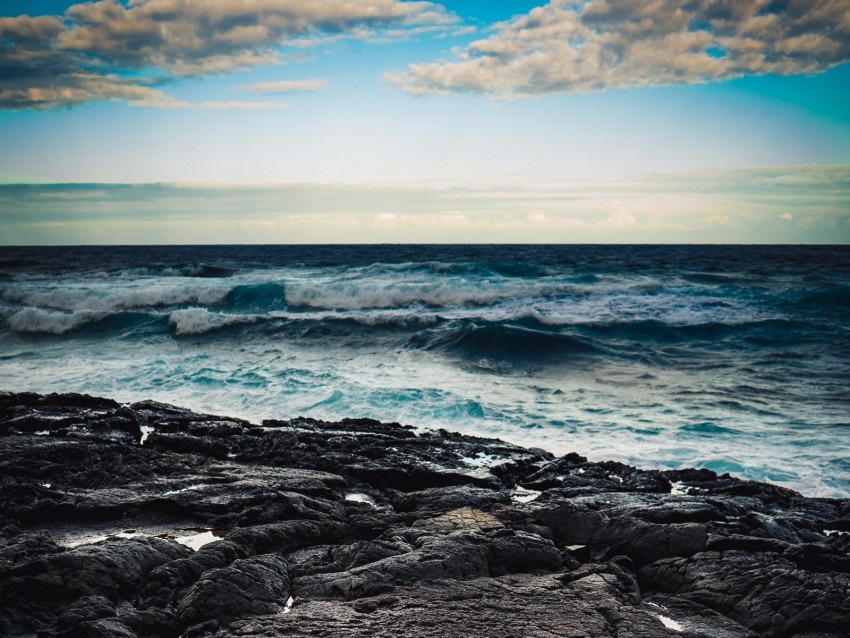 sea, coast, stone, waves, horizon