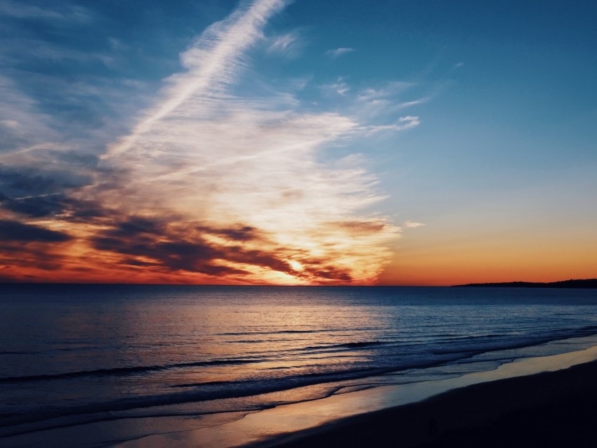 sea, coast, sunset, clouds, horizon, twilight, porous