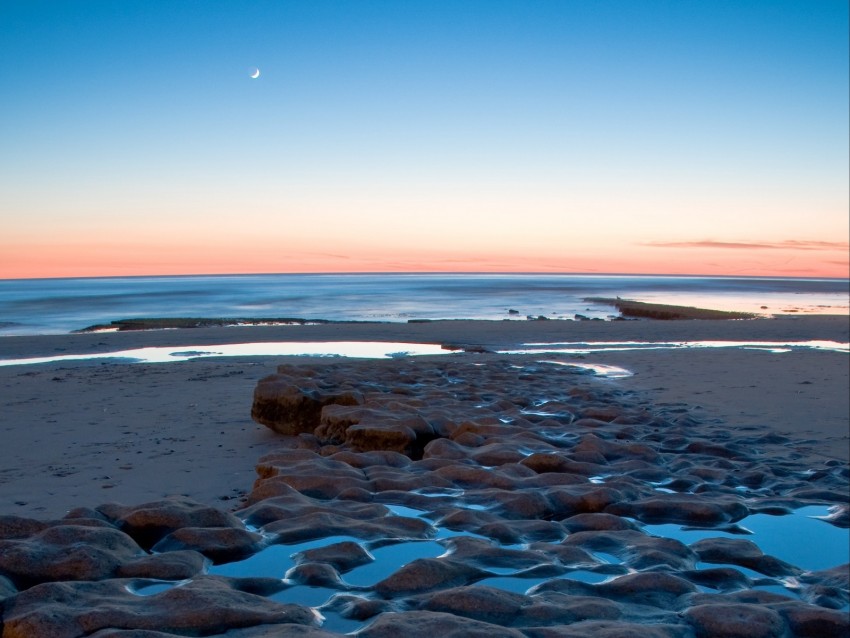 sea, coast, sunset, sand, stones, horizon