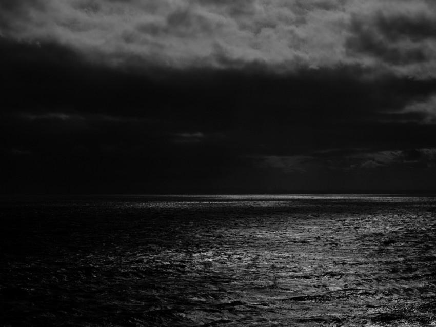 sea, horizon, bw, overcast, clouds, ripples