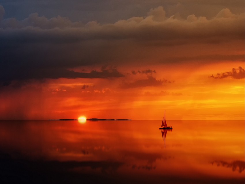 sea, horizon, sail, sunset, lonely, clouds