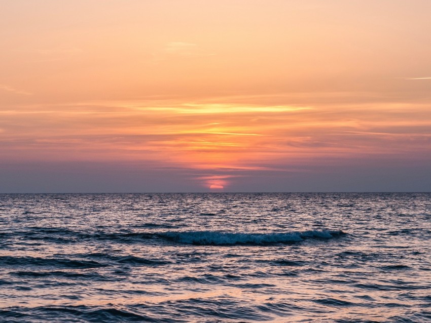 sea, horizon, sunset, sky, waves, ripples