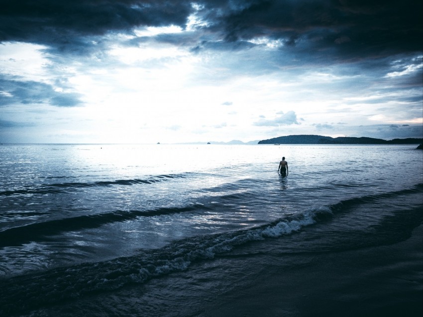 sea, man, lonely, overcast, clouds