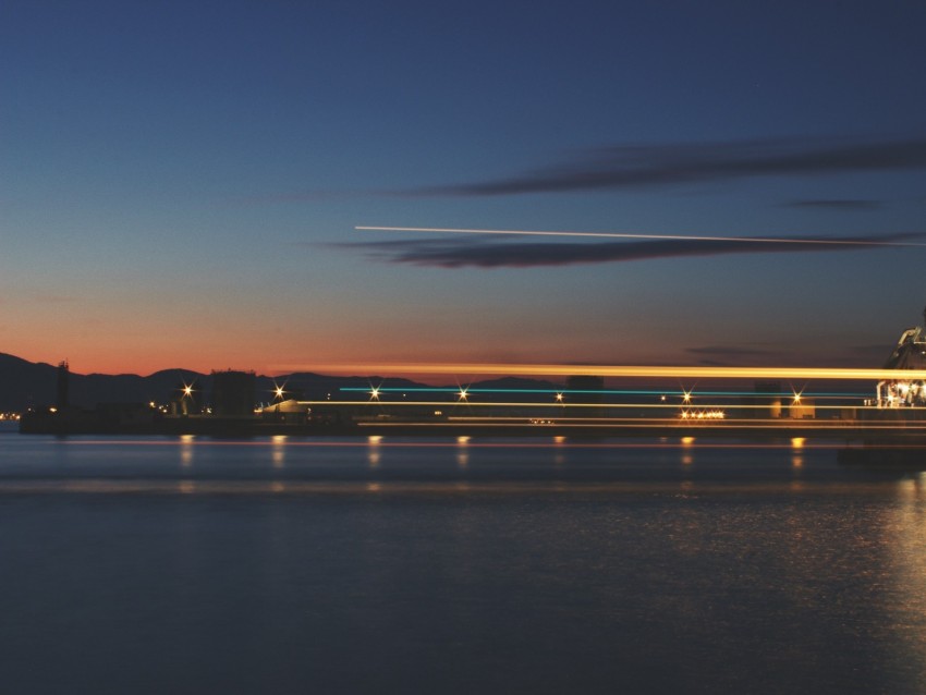 sea, pier, lights, long exposure, evening, twilight, reflection