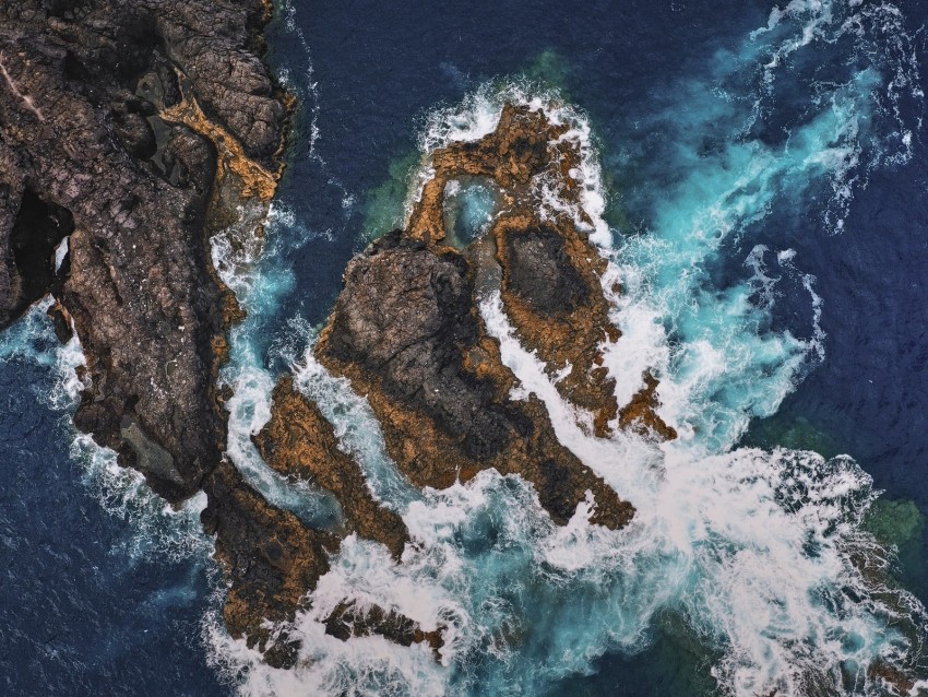 sea, rocks, aerial view, waves, coast