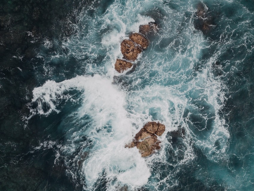 sea, rocks, aerial view, waves, water