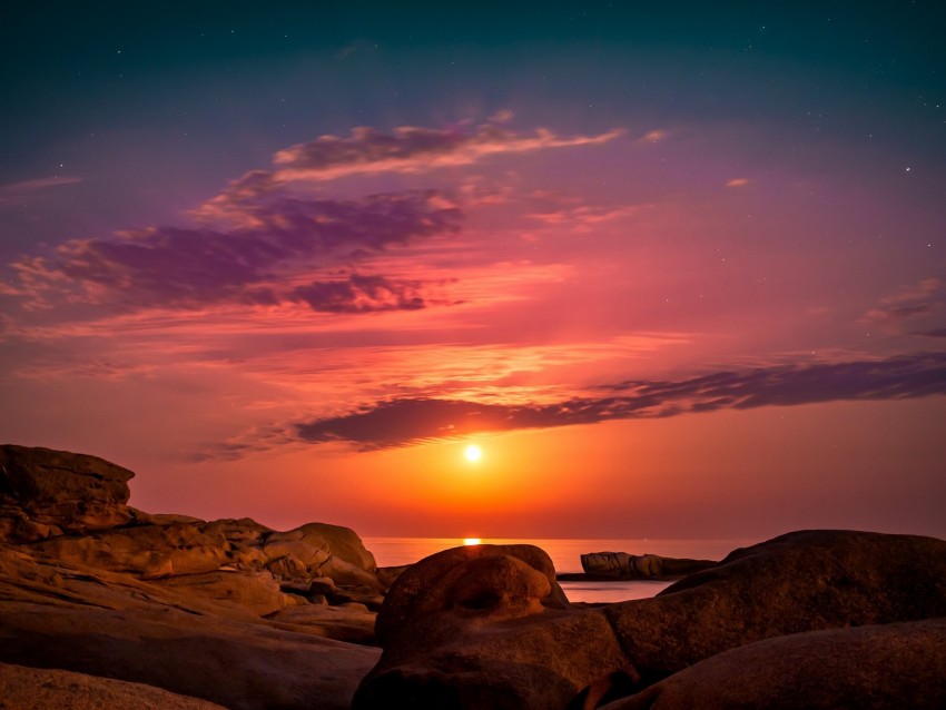 sea, rocks, sunset, sky, spain