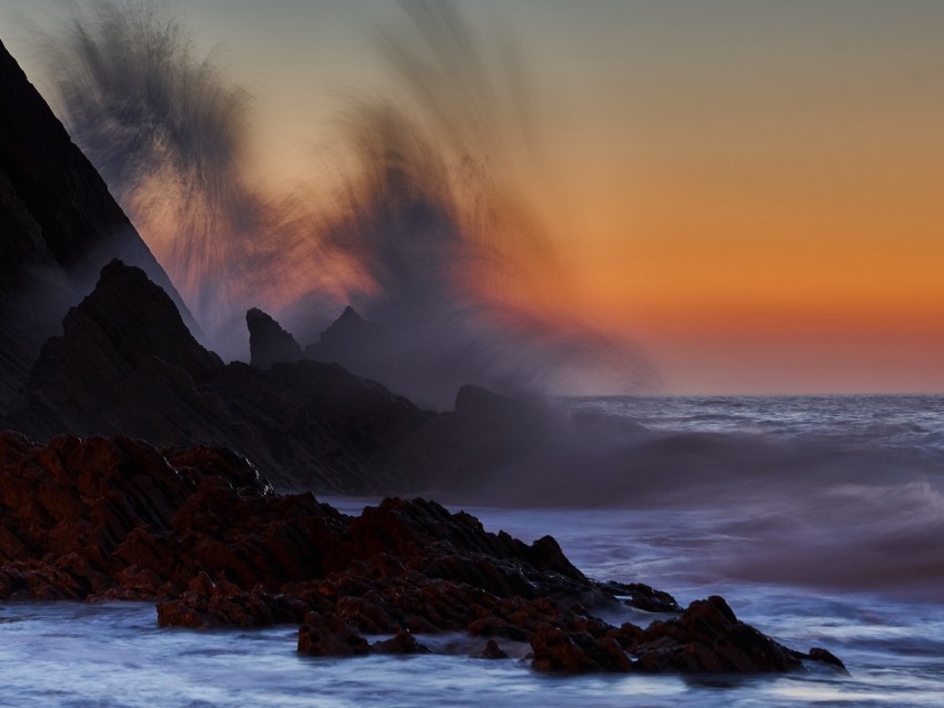 sea, rocks, surf, waves, sunset