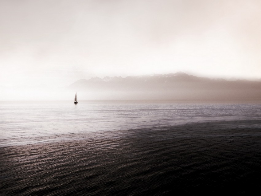 sea, sailboat, fog, waves, distance