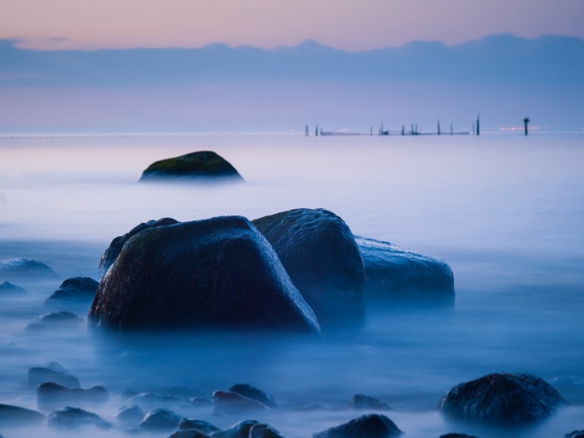 sea, stones, fog, coast, landscape