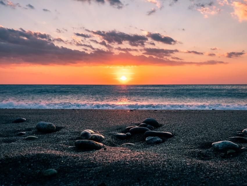 sea, stones, shore, horizon, sunset, sky