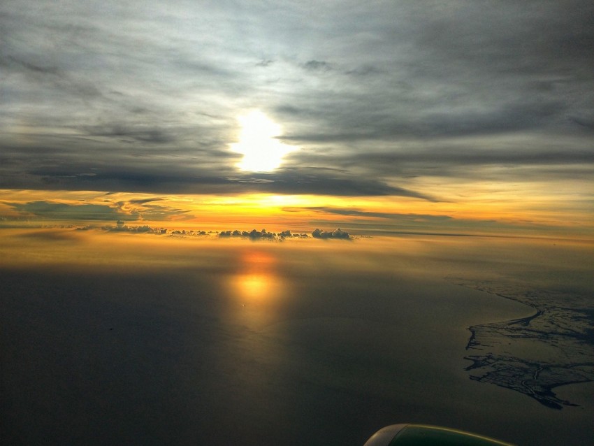 sea, sunset, aerial view, clouds, overview, height