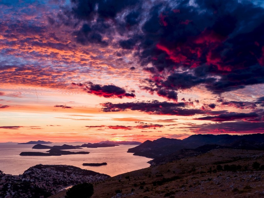 sea, sunset, clouds, mountains, croatia