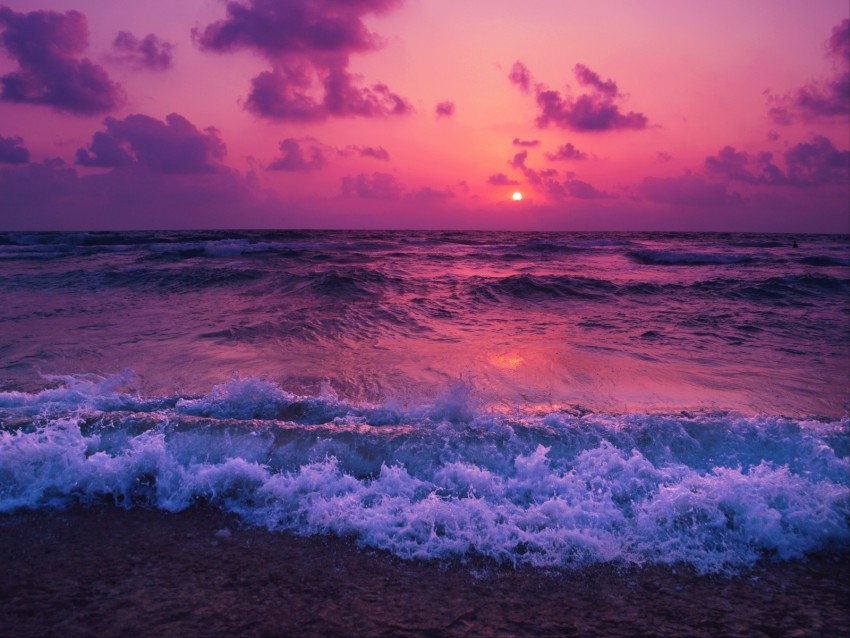 sea, sunset, horizon, surf, foam, clouds