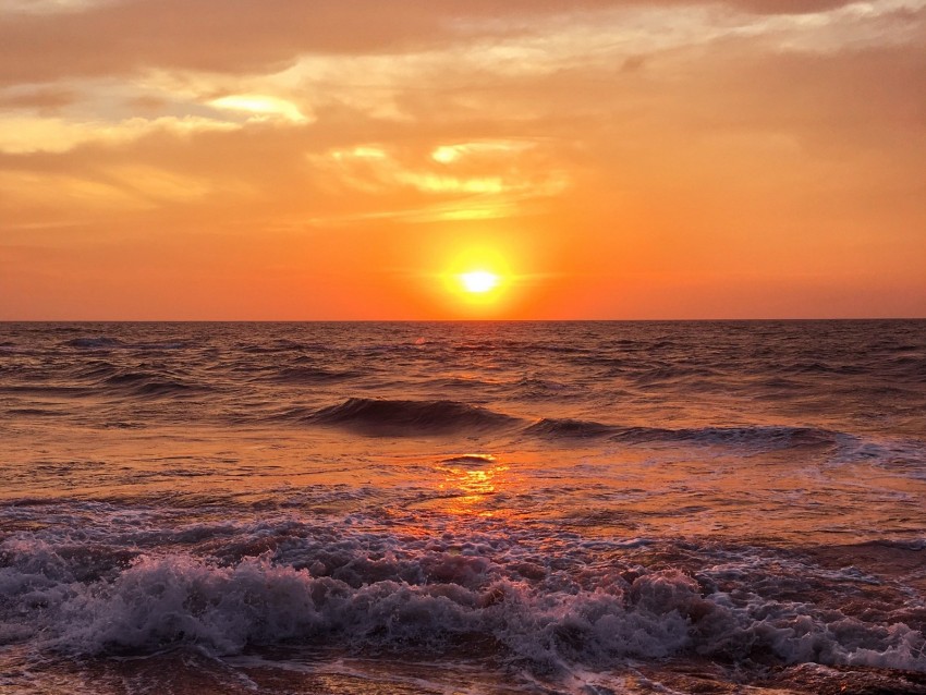 sea, sunset, surf, foam, ocean, horizon