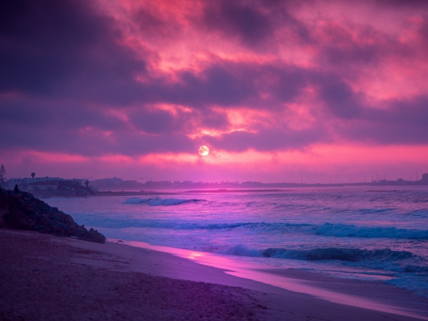 sea, sunset, waves, surf, shore, horizon