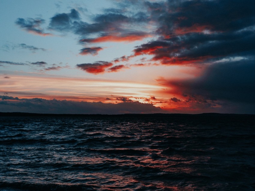 sea, surf, sunset, horizon, waves, clouds