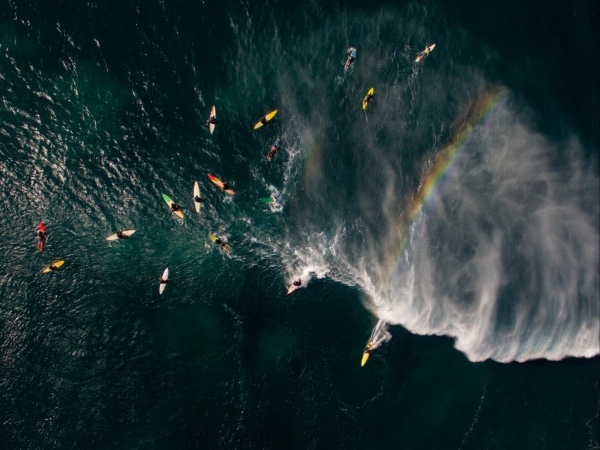 sea, surfers, aerial view, surfing, waves, rainbow