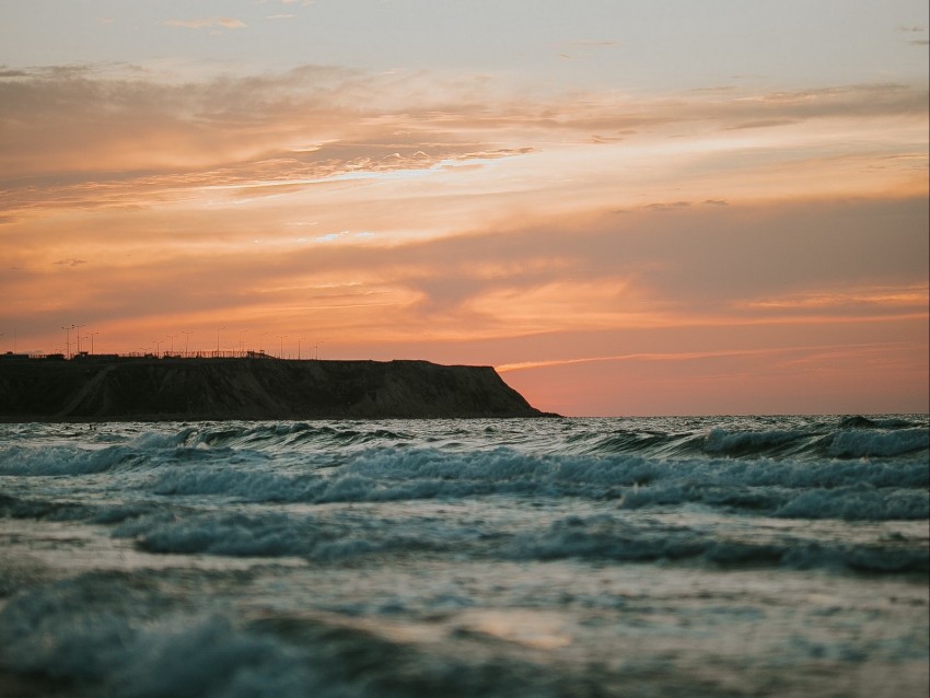 sea, waves, coast, sunset, twilight