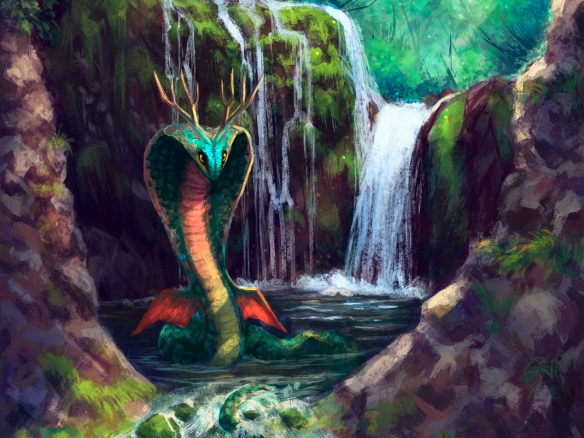 serpent, waterfall, art, creature, fantasy