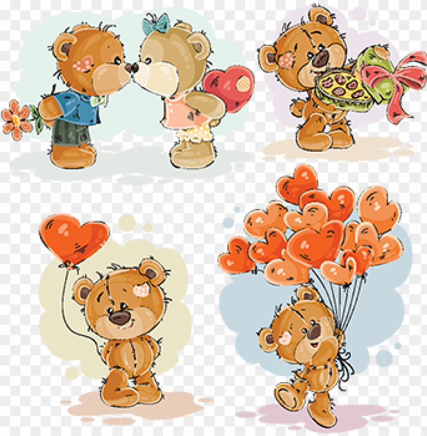 Set Vector Clip Art Illustrations Of Enamored Teddy - Teddy Bear Holding Balloons PNG Transparent With Clear Background ID 190605