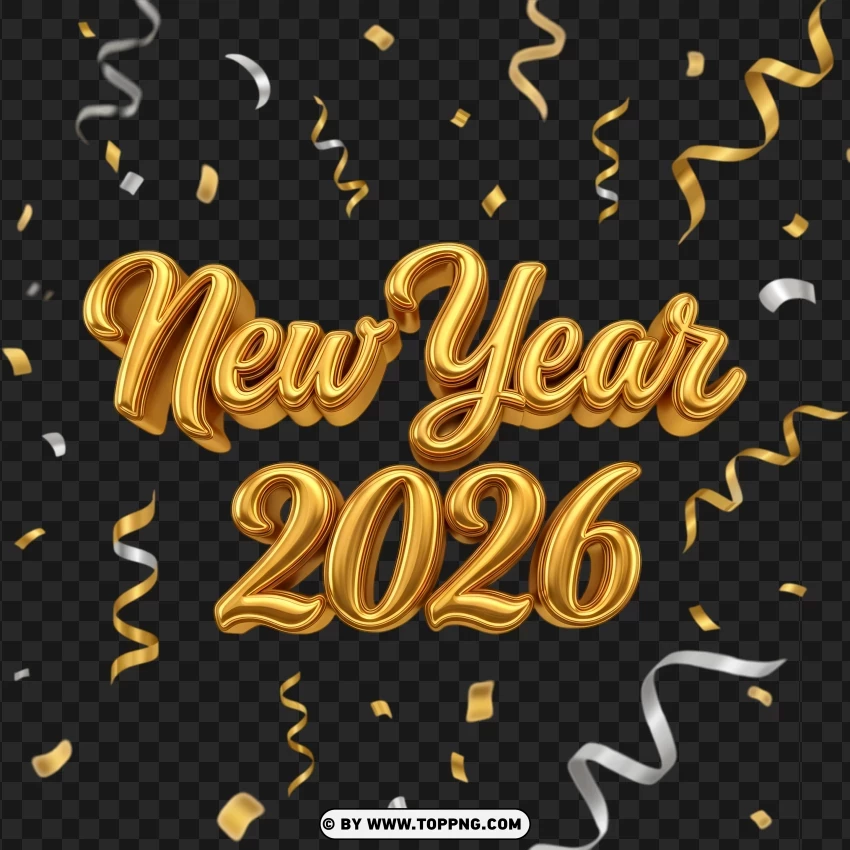 New Year 2026 Gold Lettering With Confetti PNG Transparent Background