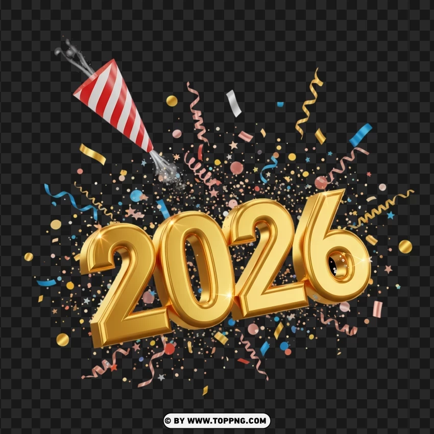 Shiny 3d 2026 New Year With Gold Confetti And Party Popper PNG Transparent Background