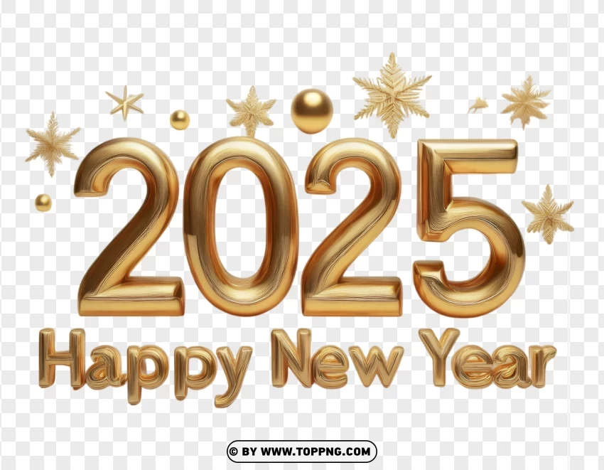 Shiny Gold 2025 Happy New Year Text With Stars PNG Transparent Background