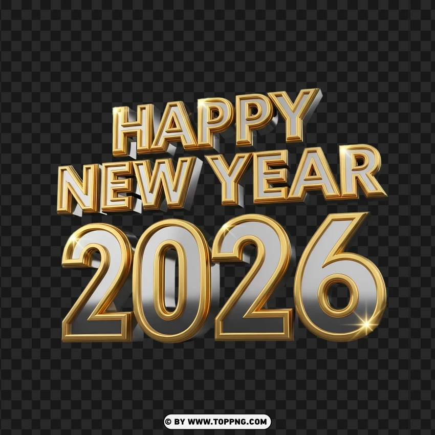 Shiny Happy New Year 2026 3d Lettering PNG Transparent Background