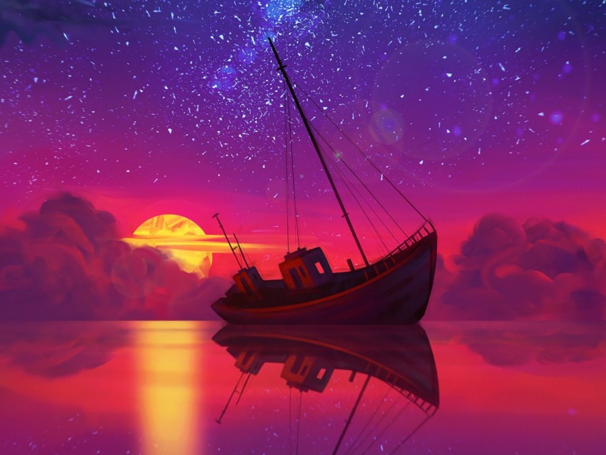 ship, full moon, horizon, sunset, art