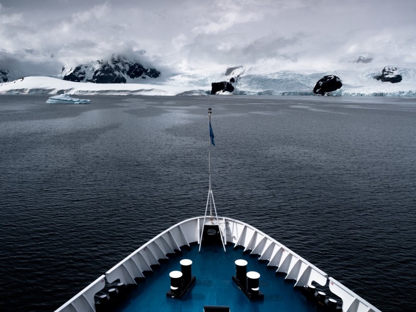 ship, glacier, mountain, snow, fog