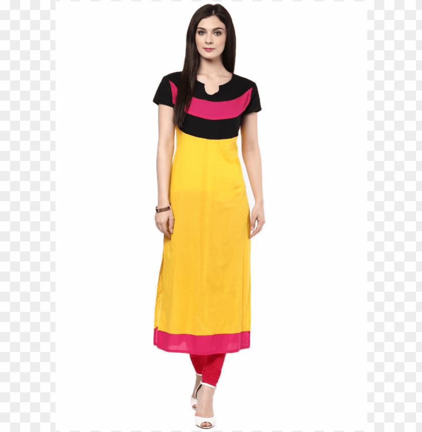 shop designer yellow with pink black cotton kurti - kurtis PNG image with transparent background@toppng.com